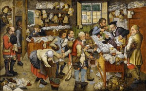 Pieter Brueghel der Jüngere (oder seine Werkstatt): Bezahlung des Zehnten (auch: Der Bauernadvokat – Bauern bezahlen einen Advokaten in Naturalien). wahrscheinlich zwischen 1617 und 1622. Öl auf Holz. 54,2 × 86,6 cm. Gemeinfrei <a href="https://commons.wikimedia.org/wiki/File:Pieter_Brueghel_the_Younger_(or_workshop)_The_Payment_of_the_Tithes_Bonhams.jpg">via Wikimedia Commons</a>